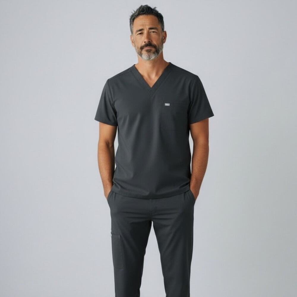 FIGS Leon Three Pocket Scrub Top Mens Sz M Black Healthcare Stretch Minimalist